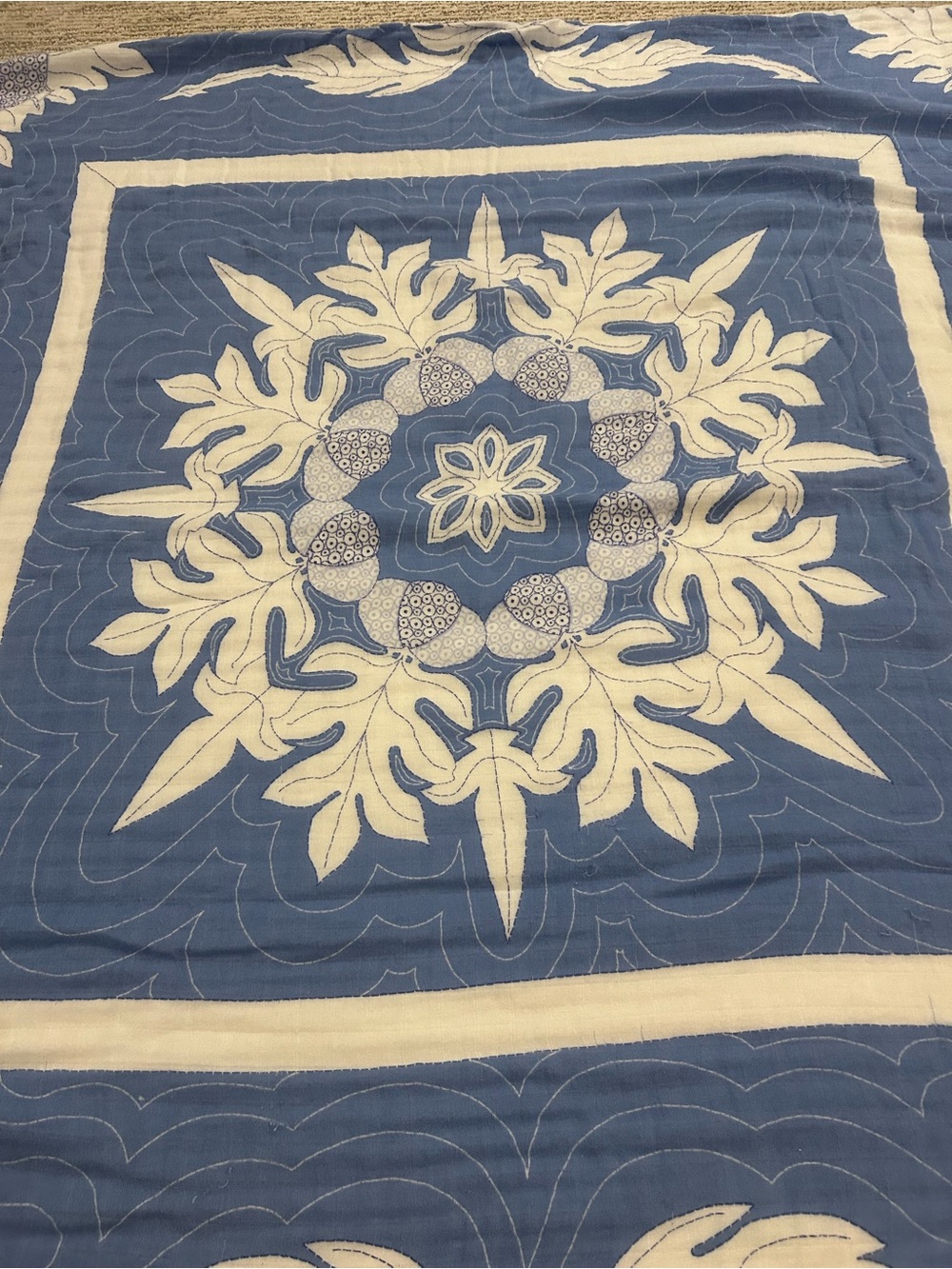 Coco Moon Hawaii Blue White muslin bamboo cotton Floral Medallion Baby Quilt